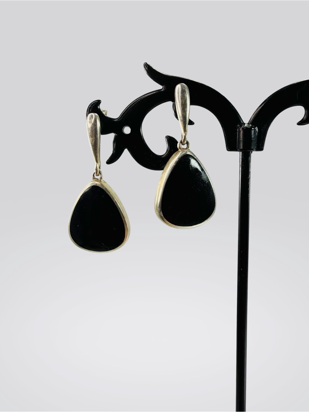 GFJ Sterling Silver 925 Black Onyx Stud Earrings Tear Drop Dangle Inlay Signed